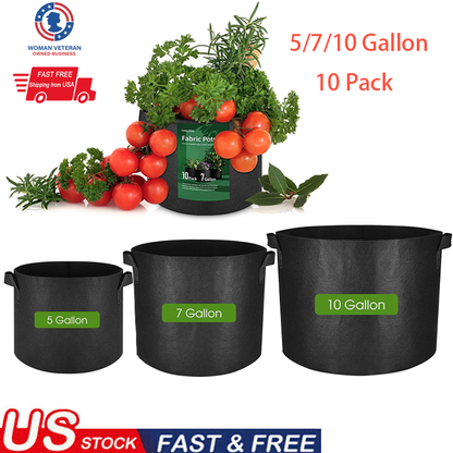 10pcs Plant Grow Bags with Handles Thickened Nonwoven Fabric Pots 5/7/10 Gallon