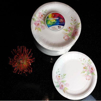 8.5 Inch White Flower Pattern Disposable Paper Plates 100 count / 400 count