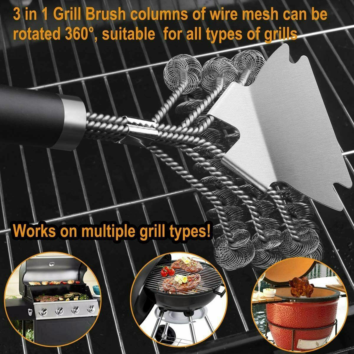 18in Grill BBQ Stainless Steel Cleaning Brush Bristle Free Safe with Scraper